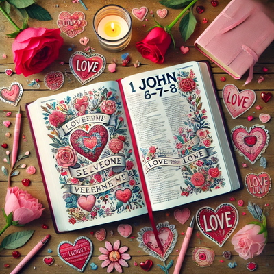 An open Bible decorated with love-themed accents—flowers, hearts, and the inspiring verse 1 John 6:7-8—sets the scene for heartfelt Valentine's Day church ideas. A candle flickers next to a notebook on a wooden table, inviting reflection and warmth.