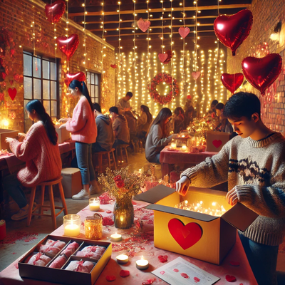 In a cozy room adorned with string lights and heart balloons, people busily prepare heart-themed gifts, perfect for Valentine's Day. It's a scene that inspires thoughtful church ideas for spreading love and joy within the community.