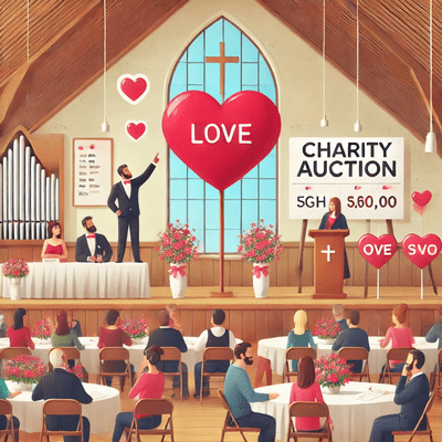 Illustration of a Valentine's Day charity auction in a church hall, adorned with heart decorations and people seated at round tables, perfectly blending love-filled ambiance with generous spirit.