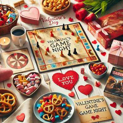 A board game is surrounded by snacks, flowers, and candles on a wooden table adorned with charming Valentine's decorations, offering delightful ideas for a cozy Valentine's Day gathering.