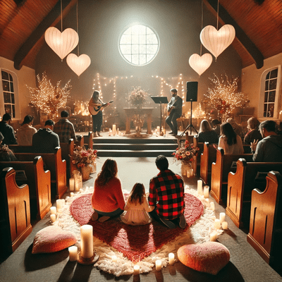 People sitting in a beautifully adorned church, decorated with heart lights, candles, and flowers, enjoy musicians on stage—a perfect setting for Valentine's Day church ideas.