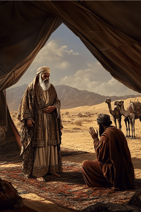 Two men in traditional robes converse inside a desert tent, their discussion echoing tales as timeless as Rebekah's age when she married Isaac; camels and mountains stand silently outside, witnesses to the passage of stories and years.