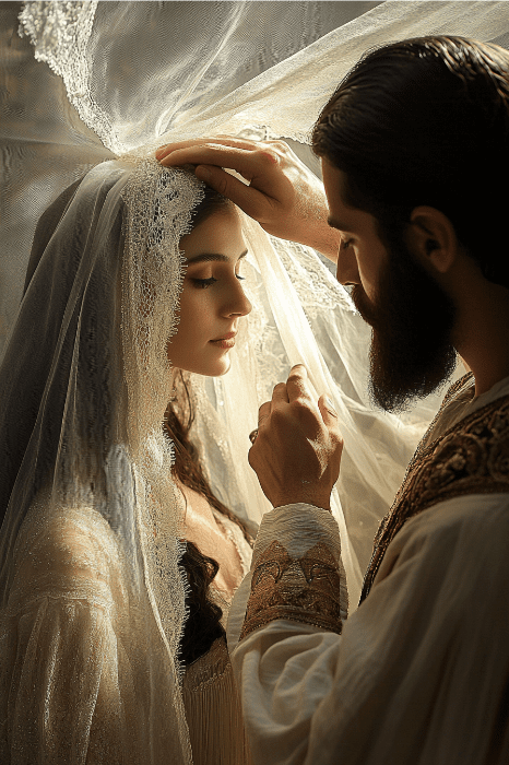 In a romantic, softly lit setting, reminiscent of Rebekah's tender youth when she married Isaac, a man gently places a lace veil over a woman's head.