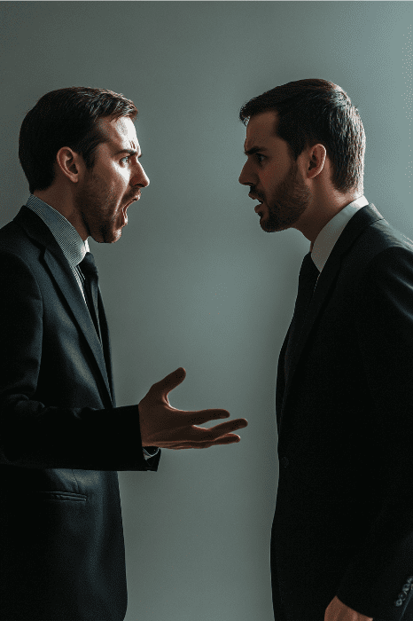Two men in suits argue intensely, facing each other with expressive gestures against a gray background, as if debating valid reasons for changing churches.