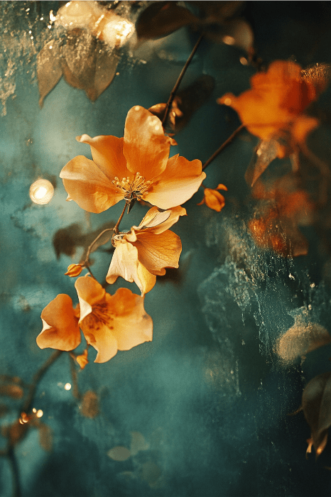 Orange flowers with green leaves stand vibrant against a textured teal background, reminiscent of finding valid reasons for changing churches and embracing fresh beginnings.
