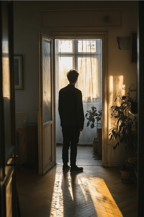 A silhouetted person stands in a doorway, contemplating valid reasons for changing churches as soft sunlight streams through a window, casting long shadows.
