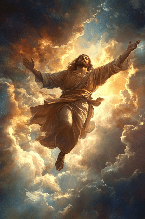A figure in flowing robes ascends through radiant clouds, arms outstretched, surrounded by a glowing sky, omnipresent as in the Bible.