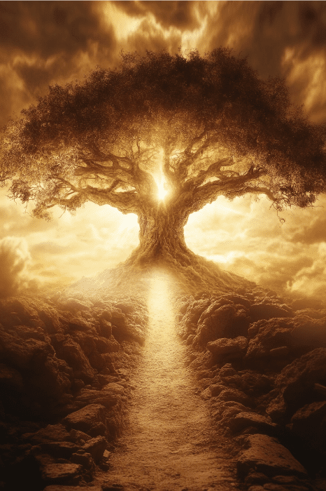 A mystical tree with omnipresent light beams, situated on rocky terrain under a dramatic golden sky, evokes the ethereal imagery often found in the Bible.