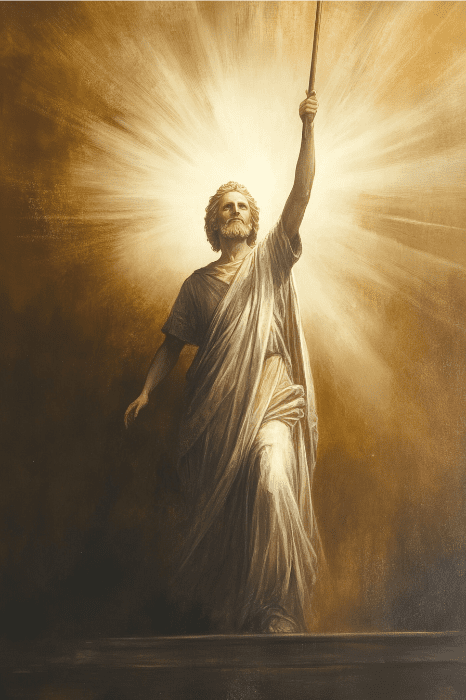 A divine figure in robes holds a staff upward, surrounded by radiant light against a golden backdrop, embodying the omnipresence often depicted in the Bible.