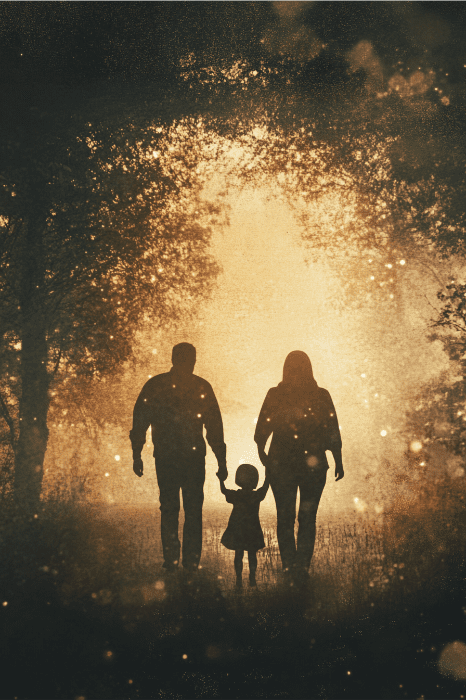 Silhouettes of two adults and a child, like a family finding valid reasons for changing churches, walk hand in hand through a sunlit forest path.