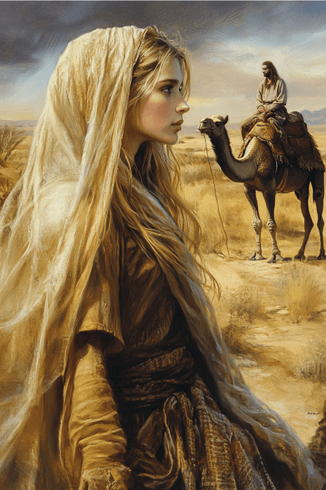 A woman in desert clothing gazes into the distance, reminiscent of Rebekah's timeless journey to marry Isaac, with a camel and rider outlined under the cloudy sky.