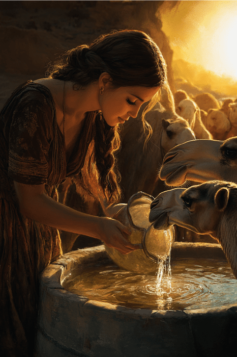 As the warm, golden sunset painted the sky, a woman reminiscent of Rebekah in her youth poured water for camels at the trough.