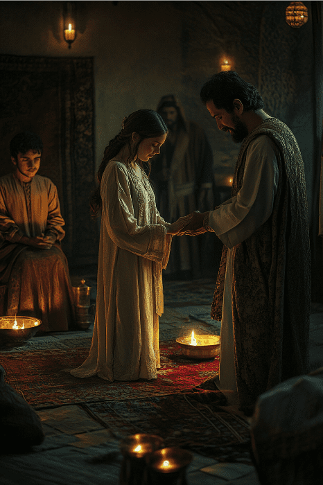 In a dimly lit room filled with candles and seated people, a man and woman in robes hold hands, reminiscent of Rebekah's youthful grace when she married Isaac.