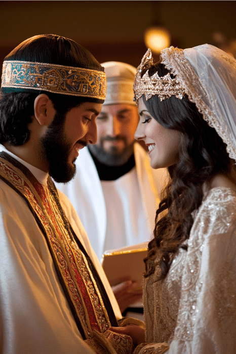 A couple in traditional attire, reminiscent of Rebekah's youthful grace when she married Isaac, smiles warmly during a wedding ceremony.