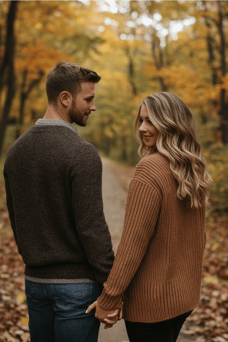 A couple holds hands on a forest path, surrounded by autumn leaves, reminiscent of a serene journey like Rebekah's story in the Bible.