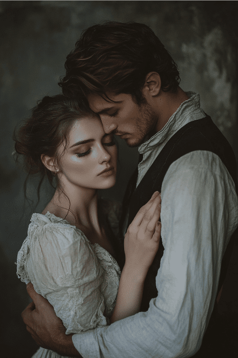 A couple embraces tenderly, eyes closed, in vintage-style clothing and muted colors, reminiscent of a timeless love story like Rebekah's from the Bible, creating a soft and intimate setting.