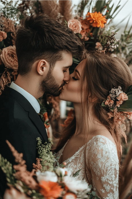 Bride and groom share a tender kiss in front of a floral backdrop, draped in elegant formal attire, reminiscent of the timeless love stories like that of Rebekah in the Bible.