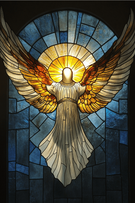 Vitral representando um anjo, o Consolador na Bíblia, com asas douradas estendidas e uma auréola radiante.