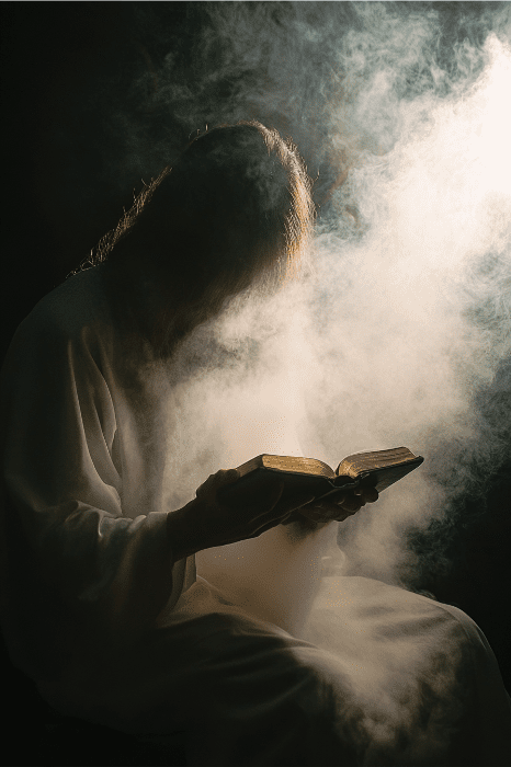 Uma pessoa silhuetada na névoa, vestida de branco como um consolador divino, lê um livro sob uma iluminação dramática que lembra cenas da Bíblia.