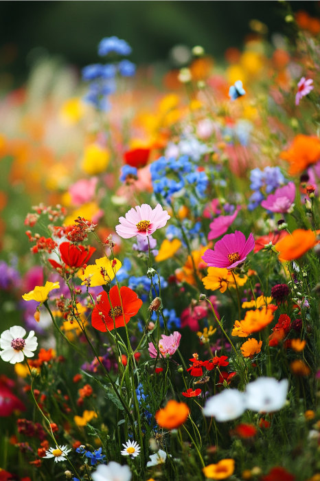 A vibrant field of various colorful wildflowers, reminiscent of the flowers in the Bible, blooms brilliantly under natural daylight.