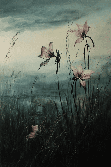 Moody landscape with tall grass and pink flowers reminiscent of those mentioned in the Bible, under a cloudy sky, creating a serene and atmospheric scene.