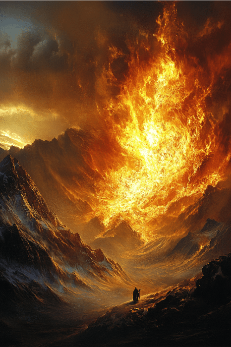 A fiery, dramatic mountain landscape reminiscent of fire in the Bible, with two small silhouetted figures walking towards the flames.