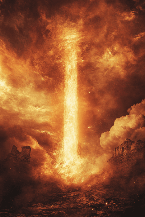 A fiery, towering column of lava and smoke rises in a dramatic, apocalyptic landscape, reminiscent of the fire in the Bible's most profound tales.