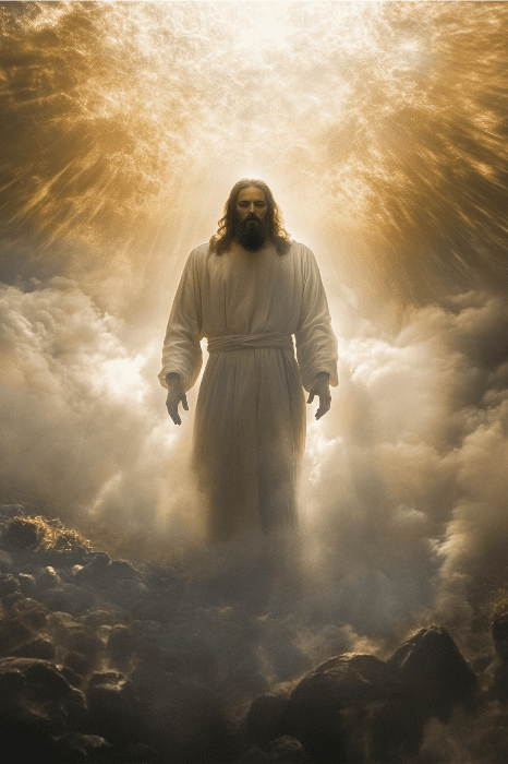 A figure in a white robe stands among the clouds, illuminated by radiant golden light from above, echoing the timeless query: "I Am in the Bible How Many Times?.