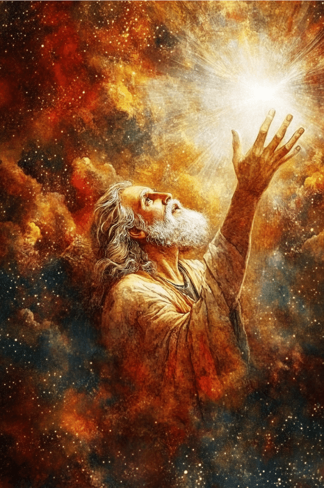 In a cosmic, star-filled scene with warm colors, a bearded man reaches towards a glowing light. His pose seems to echo an eternal quest for understanding, reminiscent of pondering questions like "I am in the Bible how many times?.
