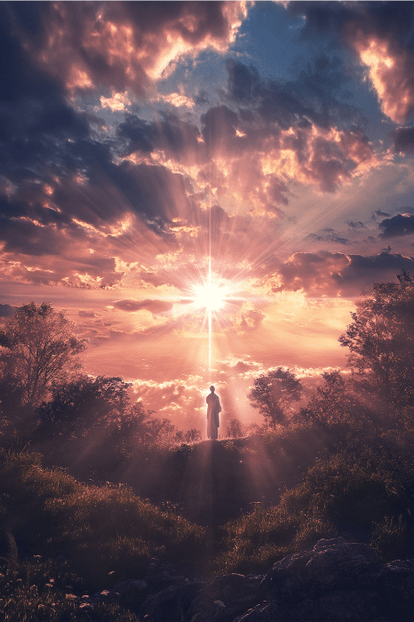 A person stands on a hill, silhouetted against a dramatic sunset sky with sunbeams shining through scattered clouds, reminiscent of moments when one might ponder questions like "I Am in the Bible How Many Times?" amidst such divine beauty.