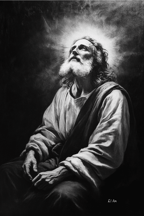 Monochrome portrait of a bearded man gazing upward, surrounded by a glowing halo, reminiscent of the timeless question: "I Am in the Bible How Many Times?.