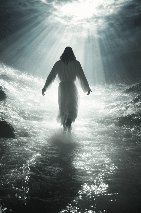 A silhouetted figure in a robe walks on water under rays of light breaking through a cloudy sky, evoking a scene reminiscent of the countless "fear not" reminders found throughout the Bible.
