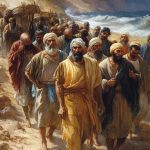 A group of men in robes and turbans walk along a sandy shore, carrying bundles under the weight of a cloudy day, reminiscent of the biblical stories where faith endures amid trials.