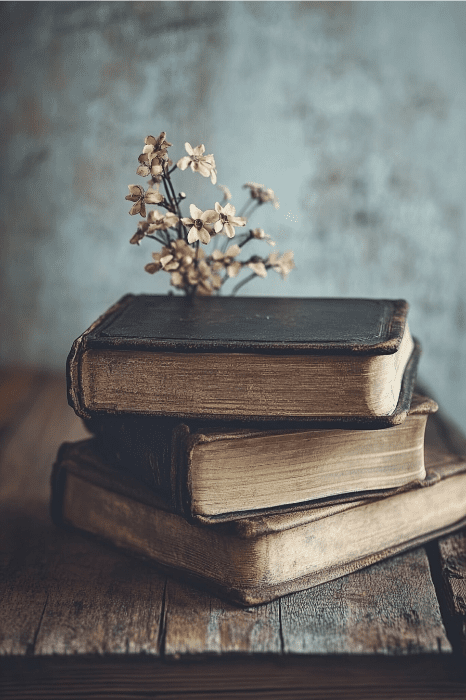 A stack of vintage books on a wooden surface, crowned with dried flowers, evokes a timeless serenity. This setting invites quiet reflection, much like bible verses for sympathy cards offer comfort against life's textured backdrop.