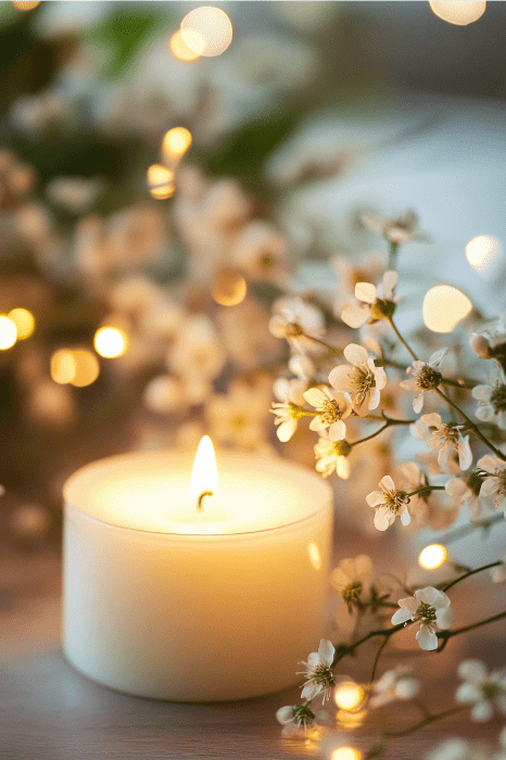 A lit candle surrounded by delicate white flowers and soft, glowing fairy lights creates a serene setting reminiscent of the gentle comfort offered by Bible verses for sympathy cards.