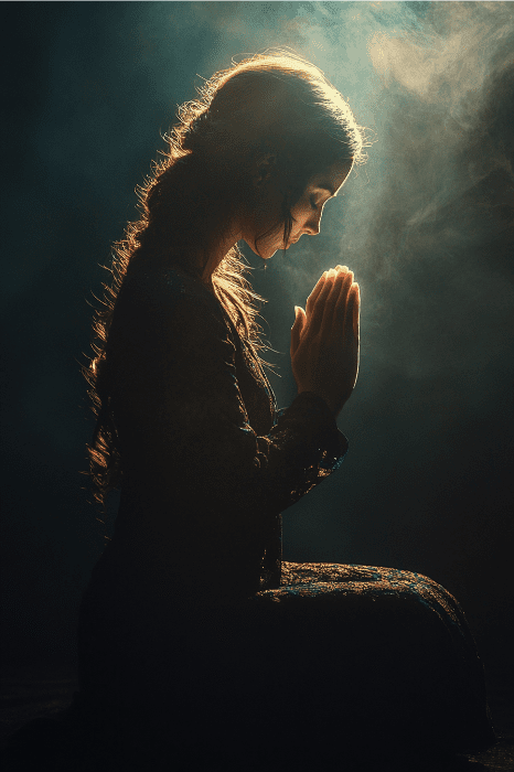 Silhouette of a woman in profile kneeling and praying, surrounded by a smoky, mysterious background that evokes the soothing presence of bible verses to comfort a grieving mother.