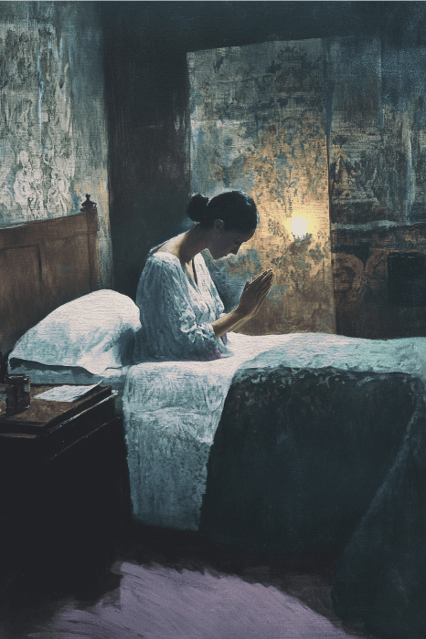 woman praying in bed for financial success