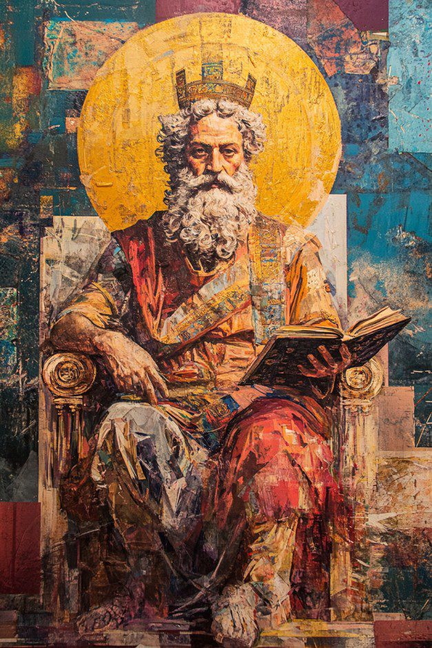 Una vibrante pintura representa a un hombre barbudo y coronado en un trono, sosteniendo un libro abierto con un halo dorado detrás, una encarnación de los ejemplos de resistencia de la Biblia.