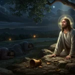 How Many Times Did Jesus Wept in the Bible? 3 Times A man with a halo prays under a tree at night, perhaps pondering how many times Jesus wept in the Bible, while two figures sleep nearby and a broken jar lies on the ground.