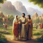 Em uma cena antiga, três figuras adornadas com trajes tradicionais passeiam por um jardim exuberante, lembrando os caminhos serenos percorridos pelas esposas de Jacó na Bíblia, com prédios distantes e colinas que completam a vista atemporal.