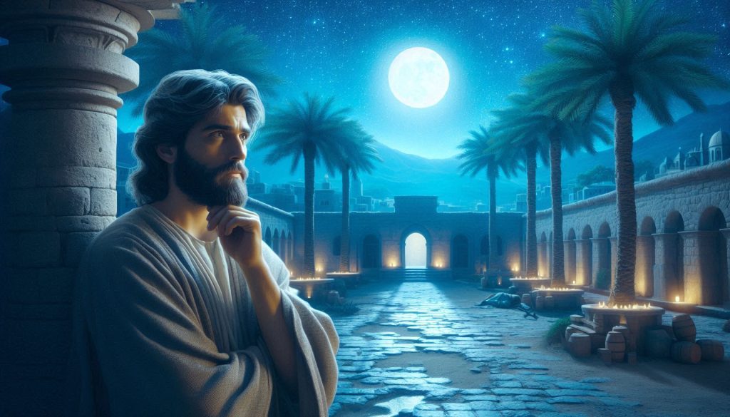 In a moonlit courtyard lined with palm trees and archways, a man in a robe stands thoughtfully gazing at the sky, much like Nicodemus did in the Bible when he sought answers under the veil of night.
