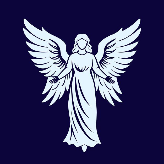 Silhouette of an angel with outstretched wings and open arms on a dark blue background, evoking the divine completeness often symbolized by the number 4 in the Bible.