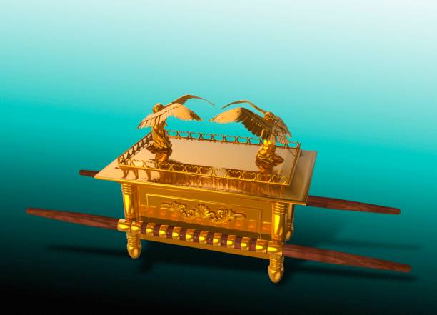 A Golden Ark of the Covenant model with two cherubim on top, symbolizing divine presence and authority, set against a teal background. The number four in the Bible often signifies universality or completeness, much like the encompassing reverence this sacred artifact commands.