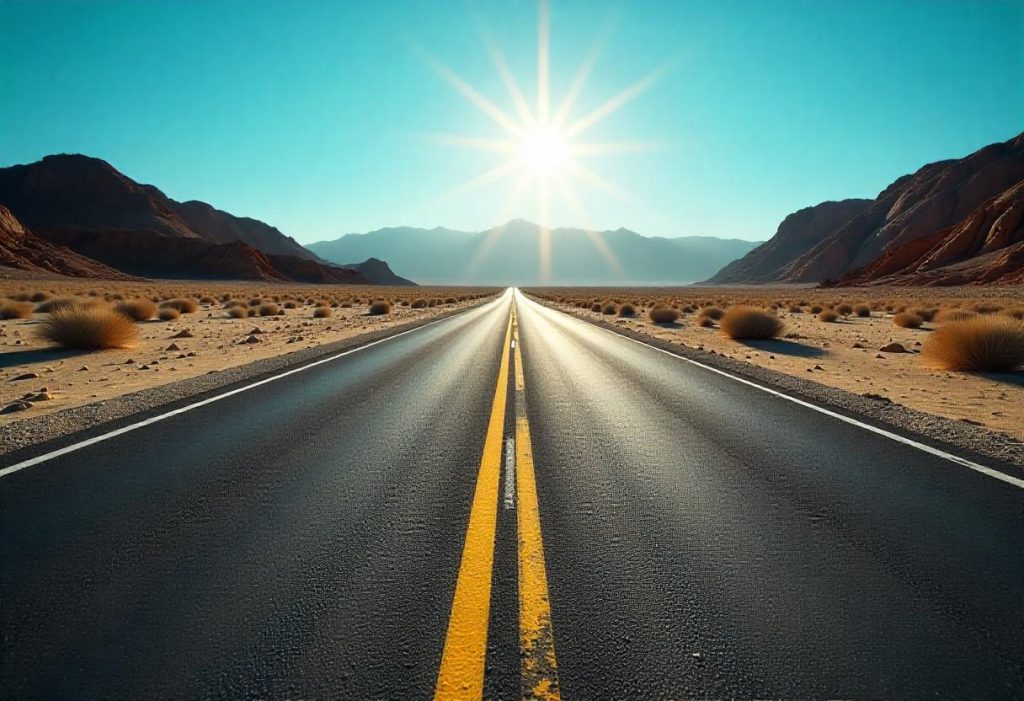 A straight desert road with yellow lines stretches towards mountains under a bright sun in a clear blue sky, evoking contemplation akin to reflecting on the meaning of 222 in the Bible—a path of balance and harmony.