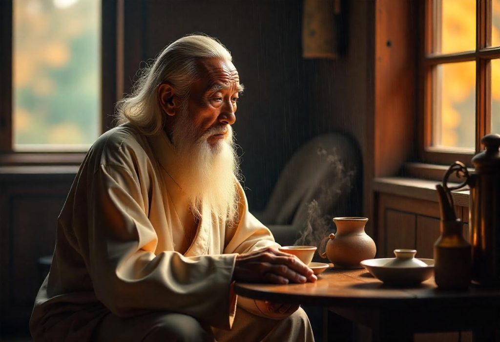 An ancient old man with long white beards seated over a table