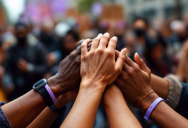 A group of diverse hands joined together in unity, with purple wristbands, reflects harmony and balance—echoing the meaning of 222 in the Bible—against a blurred crowd background.