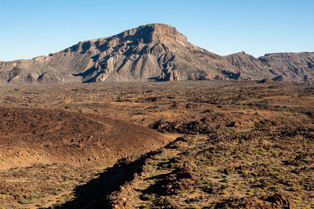 A rocky landscape unfolds beneath a clear blue sky, with Mount Ararat from the Bible standing majestically in the distance. Sparse vegetation dots the serene foreground.