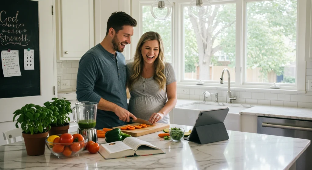 Um casal sorridente em uma cozinha cortando legumes, seguindo uma receita em um tablet, com produtos frescos por perto.
