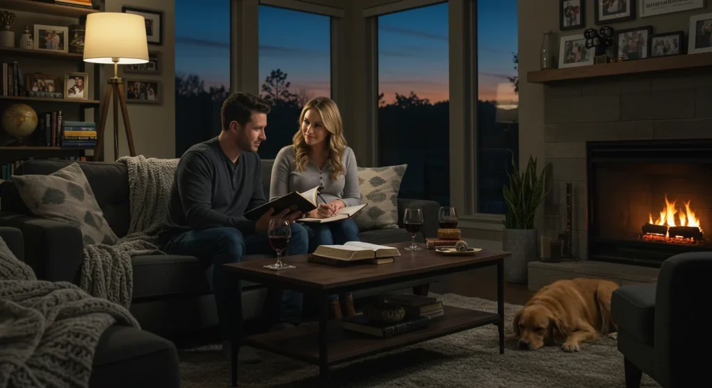 A couple sits on a cozy couch reading books by a lit fireplace, with a dog sleeping nearby and a sunset outside.
