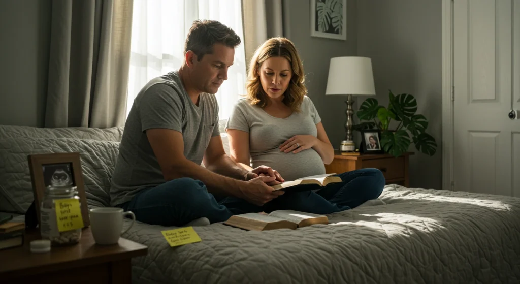 A couple sits on a bed reading a book together, with open books and notes beside them. The woman is pregnant.
